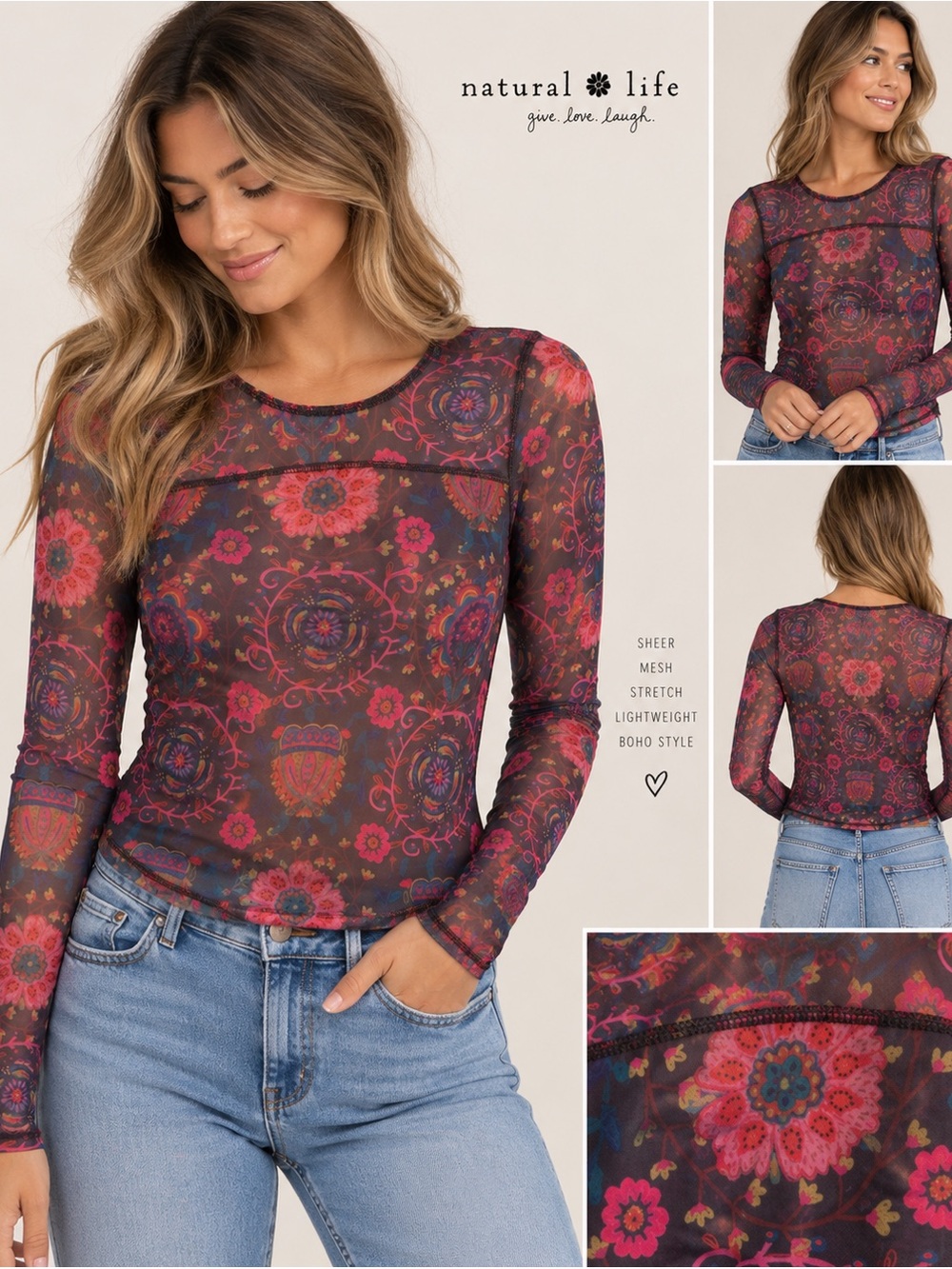 Natural Life Floral Mesh Top S Sheer Long Sleeve Boho Whimsigoth Y2K